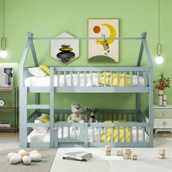 Lit superposé 140x200 cm gris bois massif, style loft, escalier, pratique et sécurisé pour enfants et familles