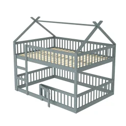 Lit superposé 140x200 cm gris bois massif, style loft, escalier, pratique et sécurisé pour enfants et familles