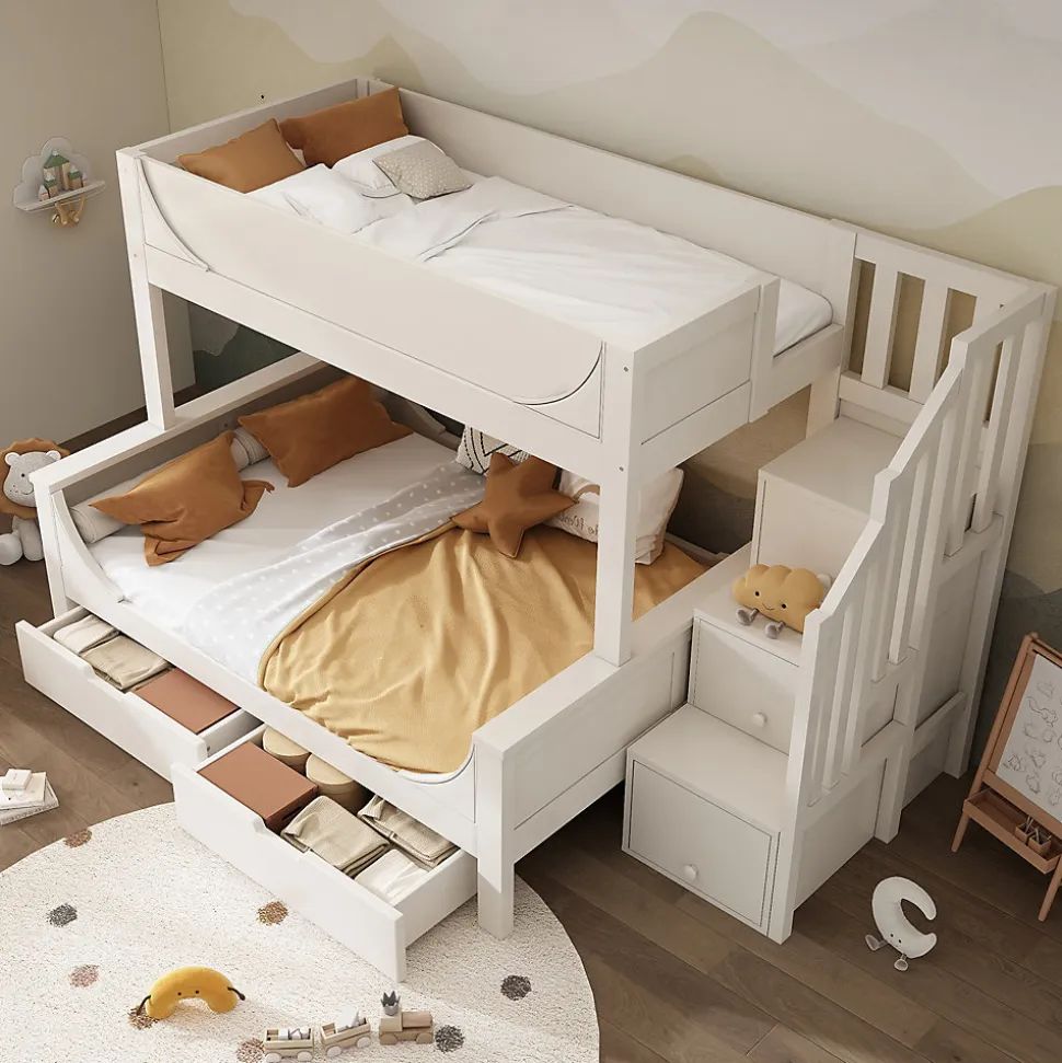Lit Superposé 140x200 cm, Lit Enfant avec Échelle et Rangement Tiroirs, Bois Massif et MDF, Blanc