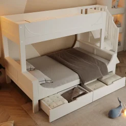 Lit Superposé 140x200 cm, Lit Enfant avec Échelle et Rangement Tiroirs, Bois Massif et MDF, Blanc