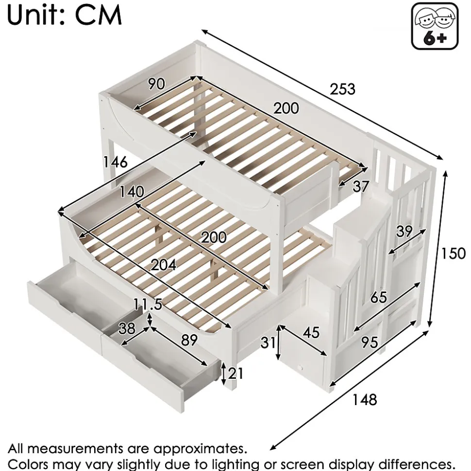 Lit Superposé 140x200 cm, Lit Enfant avec Échelle et Rangement Tiroirs, Bois Massif et MDF, Blanc