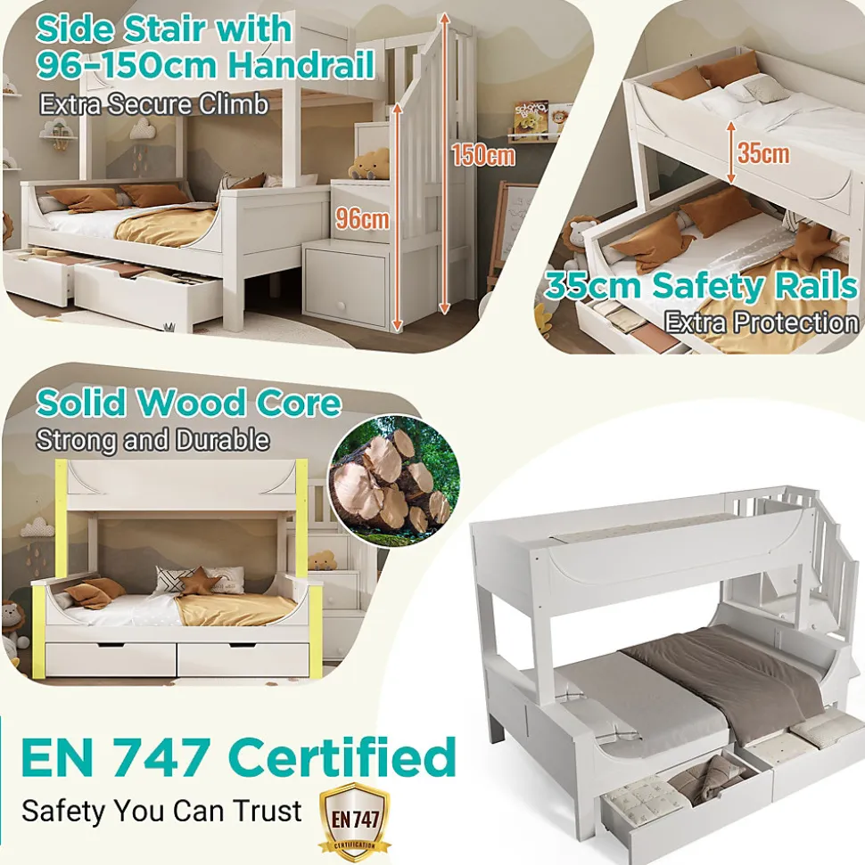 Lit Superposé 140x200 cm, Lit Enfant avec Échelle et Rangement Tiroirs, Bois Massif et MDF, Blanc