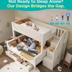 Lit Superposé 140x200 cm, Lit Enfant avec Échelle et Rangement Tiroirs, Bois Massif et MDF, Blanc