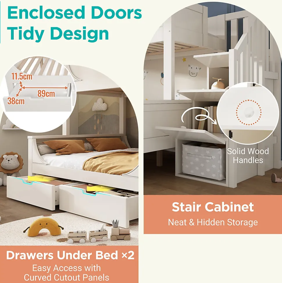 Lit Superposé 140x200 cm, Lit Enfant avec Échelle et Rangement Tiroirs, Bois Massif et MDF, Blanc