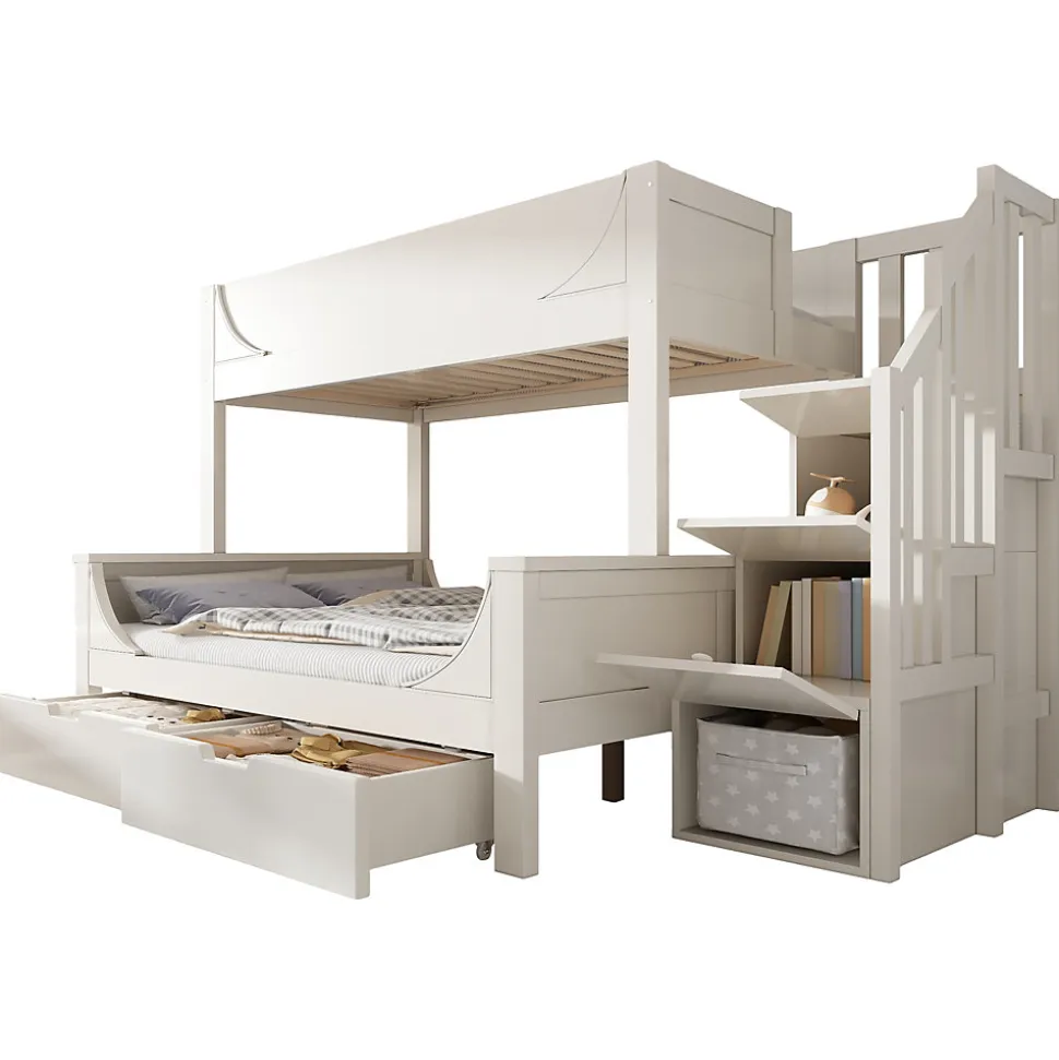 Lit Superposé 140x200 cm, Lit Enfant avec Échelle et Rangement Tiroirs, Bois Massif et MDF, Blanc