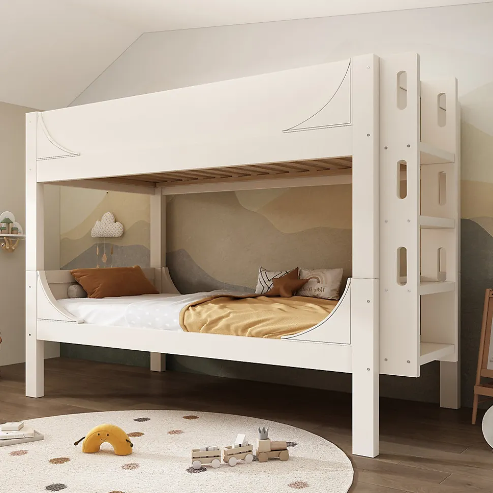 Lit Superposé 90x200 cm, Lit Enfant Démontable en 2 Lits Simples avec Échelle, Bois Massif + MDF, Blanc