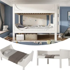Lit Superposé 90x200 cm, Lit Enfant Démontable en 2 Lits Simples avec Échelle, Bois Massif + MDF, Blanc