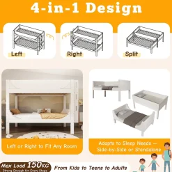 Lit Superposé 90x200 cm, Lit Enfant Démontable en 2 Lits Simples avec Échelle, Bois Massif + MDF, Blanc