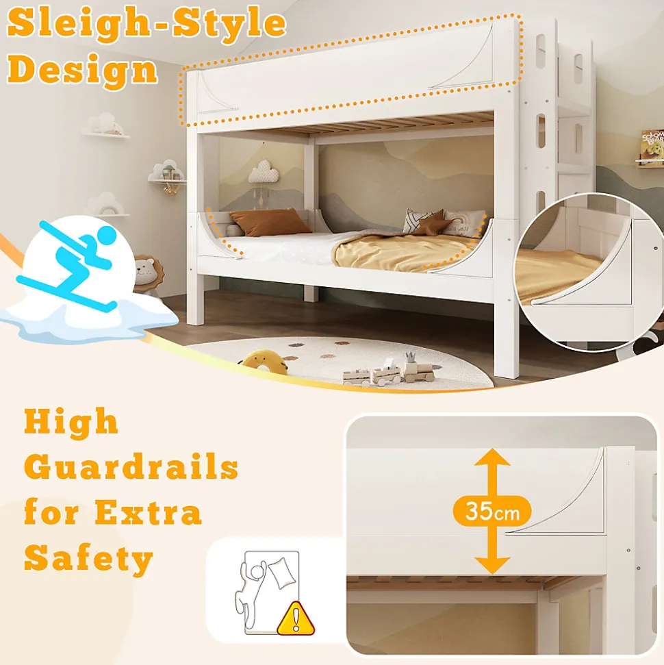 Lit Superposé 90x200 cm, Lit Enfant Démontable en 2 Lits Simples avec Échelle, Bois Massif + MDF, Blanc