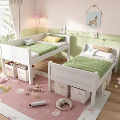 Lit Superposé 90x200 cm, Lit Enfant Démontable en 2 Lits Simples avec Échelle, Bois Massif + MDF, Blanc