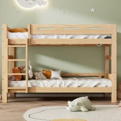 Lit superposé 90x200 cm naturel, 2 couchages, séparable en lits simples, cadre pin stable, sommier à lattes, montage facile