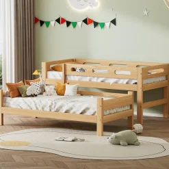 Lit superposé 90x200 cm naturel, 2 couchages, séparable en lits simples, cadre pin stable, sommier à lattes, montage facile