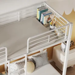 Lit superposé 90x200 cm pour 3 personnes avec échelle intégrée et tablette tête de lit, structure métal blanc