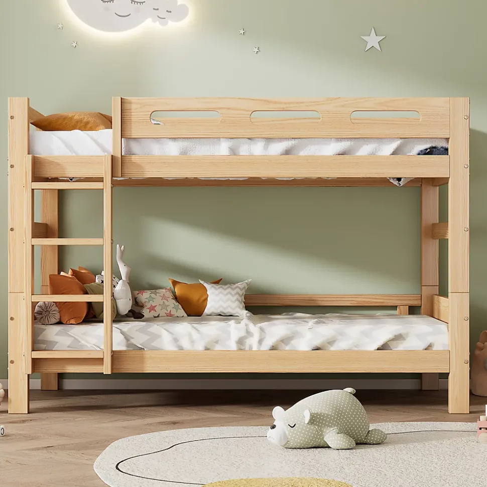 Lit superposé 90x200 cm séparable en 2 lits simples, structure bois massif naturel, montage facile