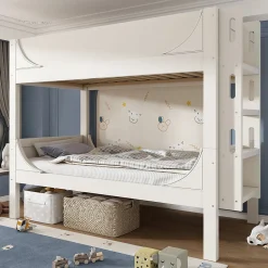 Lit superposé 90x200 cm séparables avec échelle amovible et design luge en bois et métal, blanc