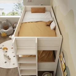 Lit superposé 90x200 cm séparables avec échelle amovible et design luge en bois et métal, blanc