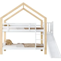 Lit superposé 90x200 cm, toboggan, échelle 3 marches, sécurité, cadre bois blanc,naturel