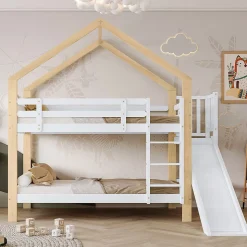 Lit superposé 90x200 cm, toboggan, échelle 3 marches, sécurité, cadre bois blanc,naturel