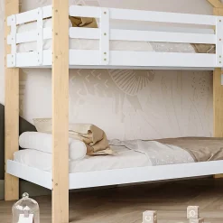 Lit superposé 90x200 cm, toboggan, échelle 3 marches, sécurité, cadre bois blanc,naturel