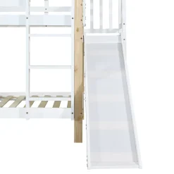 Lit superposé 90x200 cm, toboggan, échelle 3 marches, sécurité, cadre bois blanc,naturel