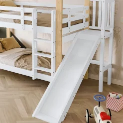 Lit superposé 90x200 cm, toboggan, échelle 3 marches, sécurité, cadre bois blanc,naturel