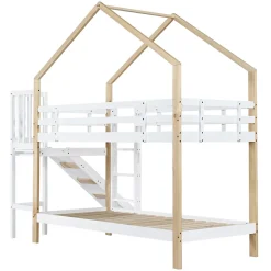 Lit superposé 90x200 cm, toboggan, échelle 3 marches, sécurité, cadre bois blanc,naturel