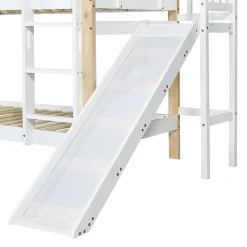 Lit superposé 90x200 cm, toboggan, échelle 3 marches, sécurité, cadre bois blanc,naturel