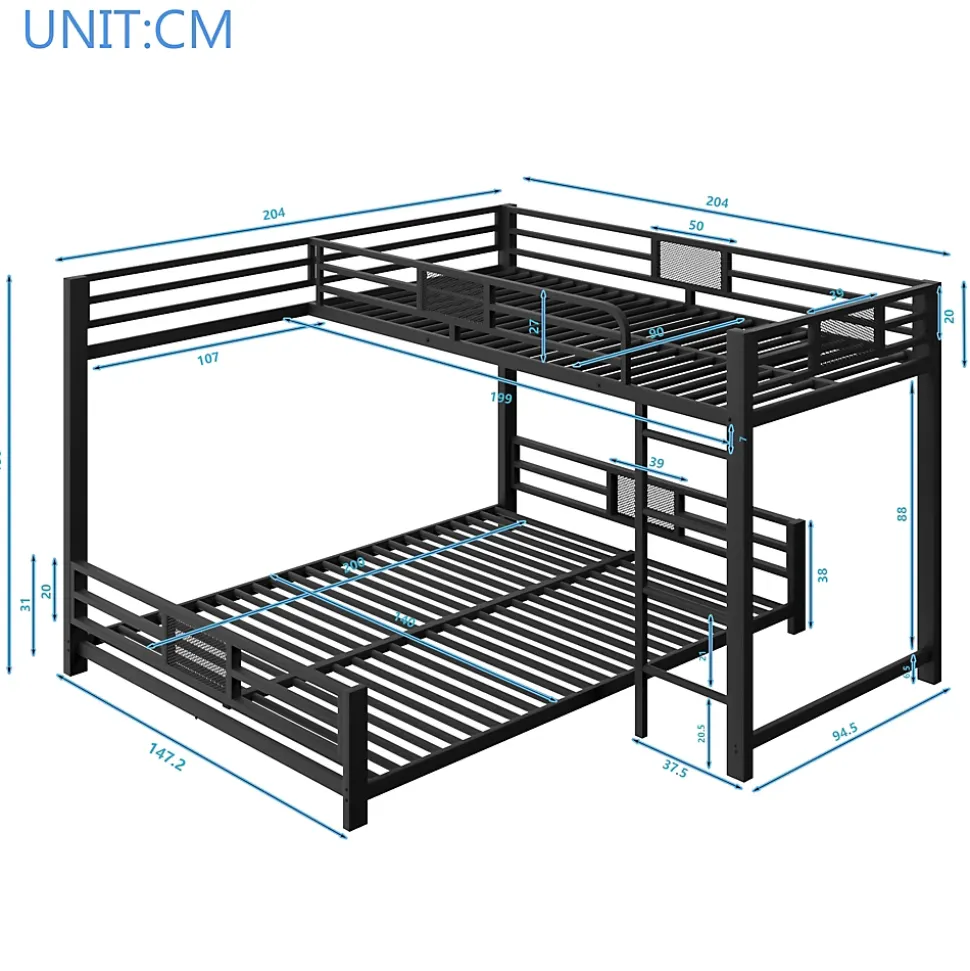 Lit Superposé 90x200 cm/140x200 cm - Lit en L pour 2 Enfants avec Échelle et Rangement, Sans Matelas, en Métal, Noir