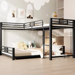 Lit Superposé 90x200 cm/140x200 cm - Lit en L pour 2 Enfants avec Échelle et Rangement, Sans Matelas, en Métal, Noir