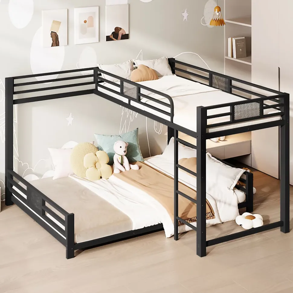 Lit Superposé 90x200 cm/140x200 cm - Lit en L pour 2 Enfants avec Échelle et Rangement, Sans Matelas, en Métal, Noir