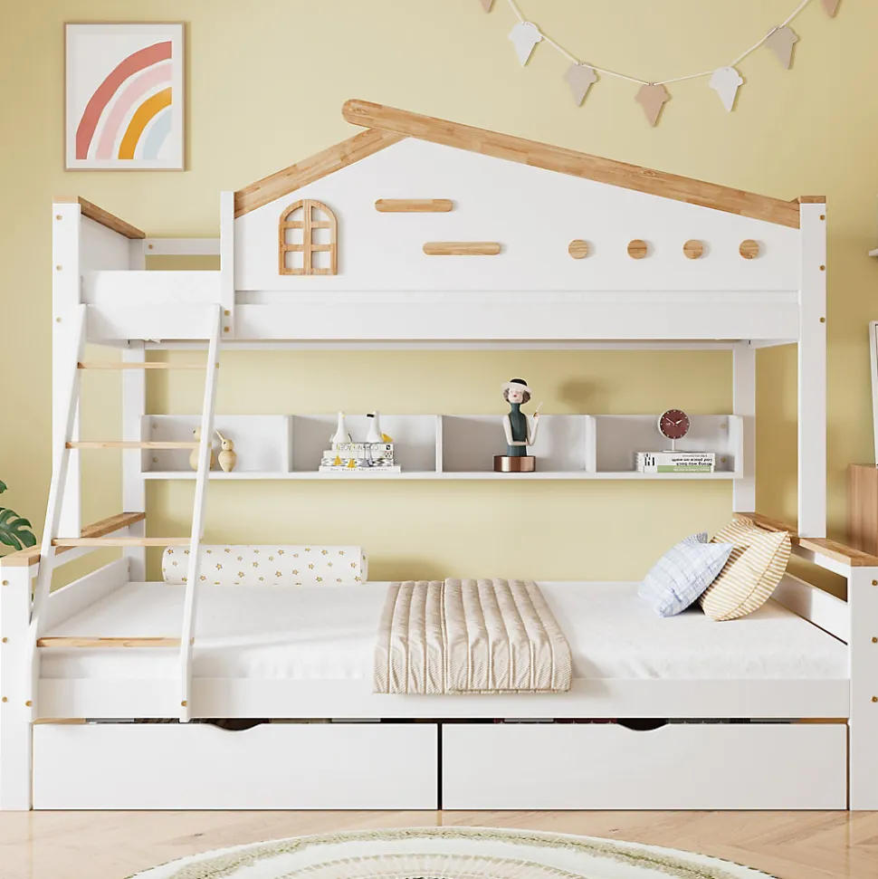 Lit superposé 90x200 et 140x200 cm enfant, 2 tiroirs, échelle et fenêtre, bois pin et MDF blanc et naturel sans matelas