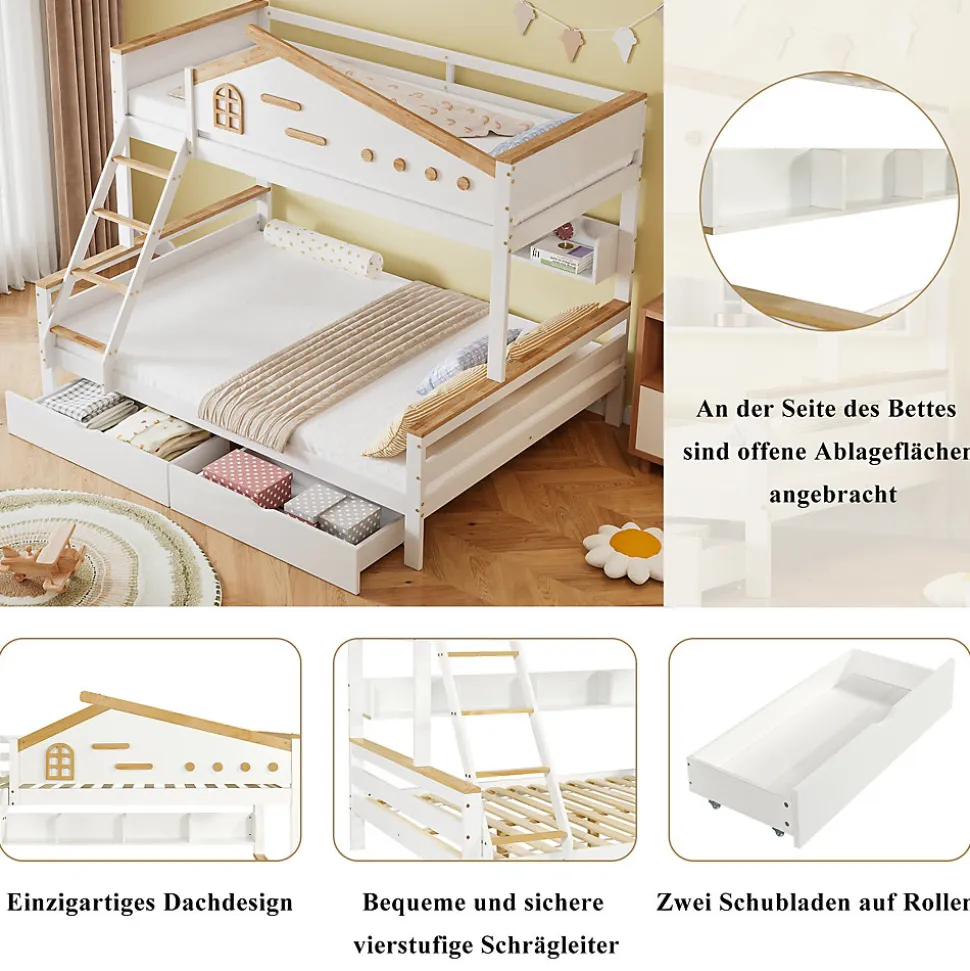 Lit superposé 90x200 et 140x200 cm enfant, 2 tiroirs, échelle et fenêtre, bois pin et MDF blanc et naturel sans matelas