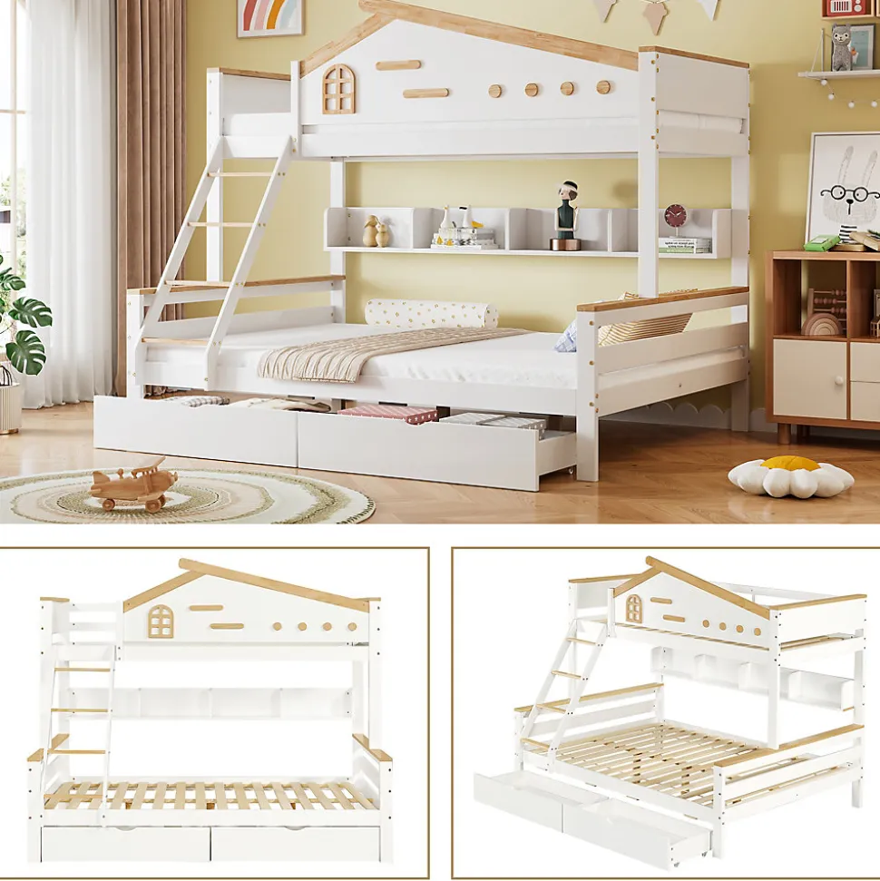 Lit superposé 90x200 et 140x200 cm enfant, 2 tiroirs, échelle et fenêtre, bois pin et MDF blanc et naturel sans matelas