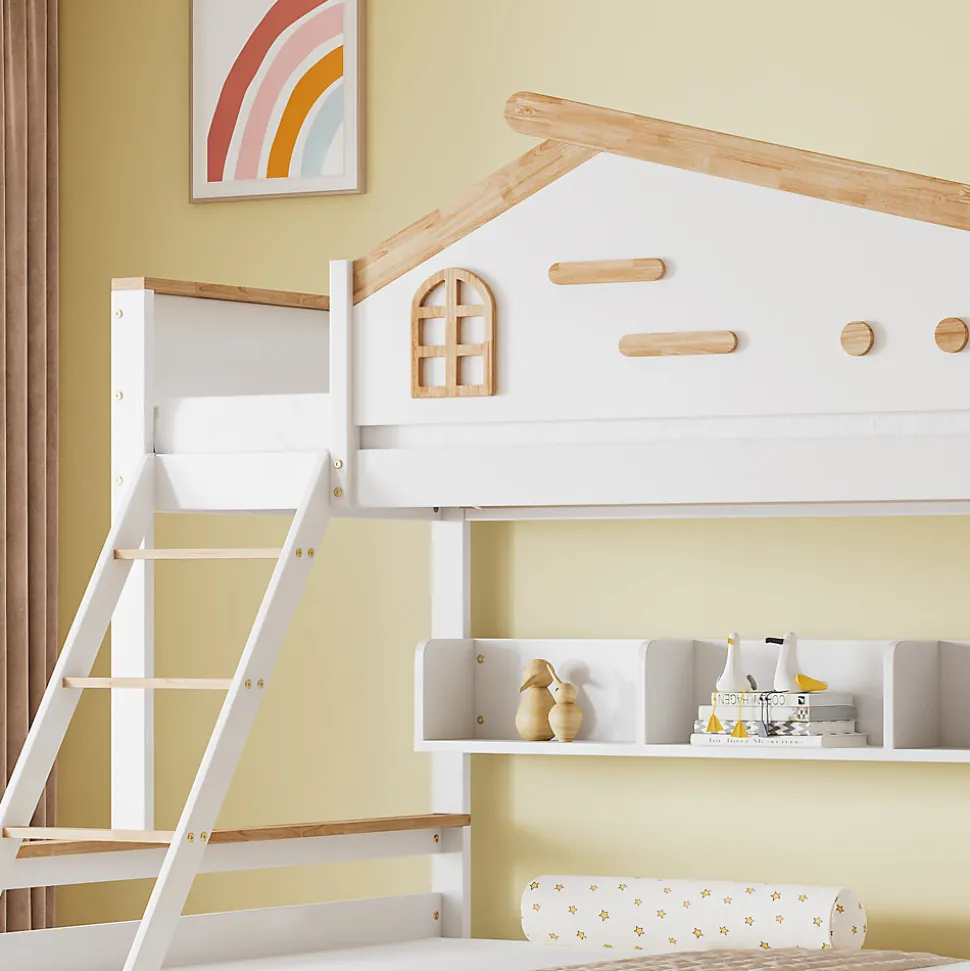 Lit superposé 90x200 et 140x200 cm enfant, 2 tiroirs, échelle et fenêtre, bois pin et MDF blanc et naturel sans matelas