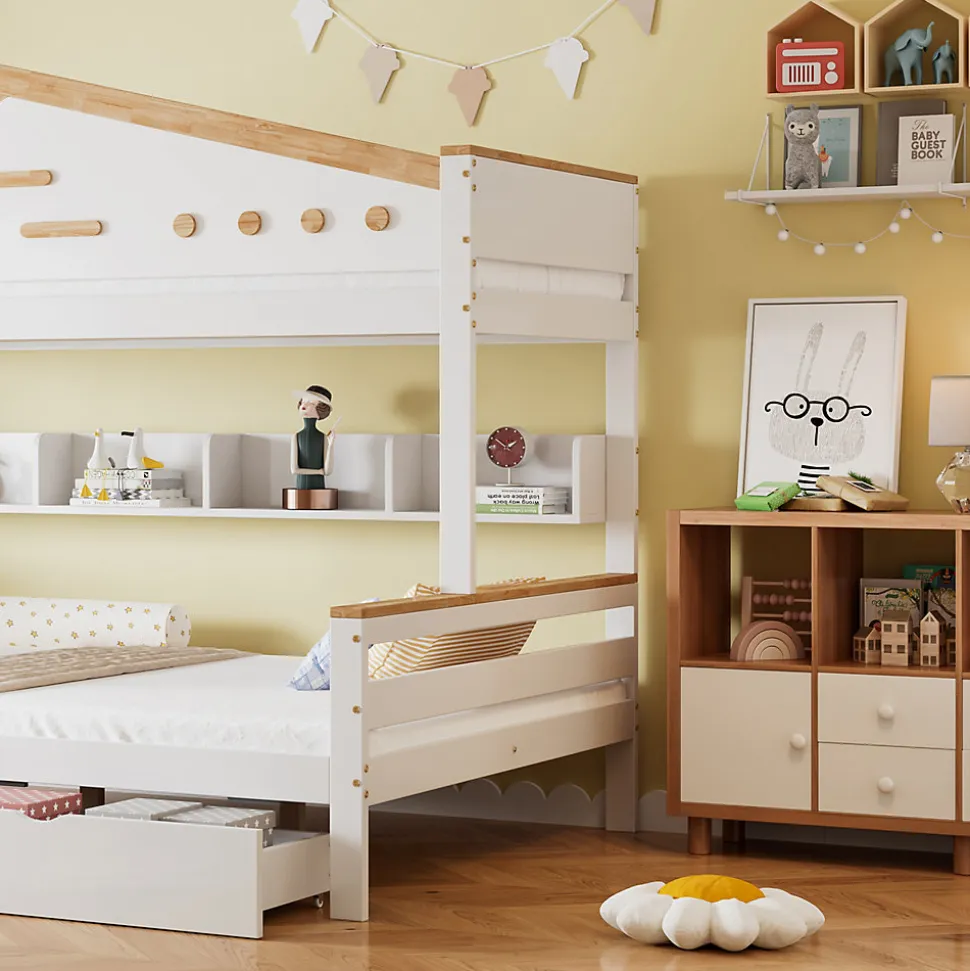 Lit superposé 90x200 et 140x200 cm enfant, 2 tiroirs, échelle et fenêtre, bois pin et MDF blanc et naturel sans matelas