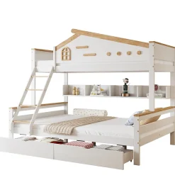 Lit superposé 90x200 et 140x200 cm enfant, 2 tiroirs, échelle et fenêtre, bois pin et MDF blanc et naturel sans matelas