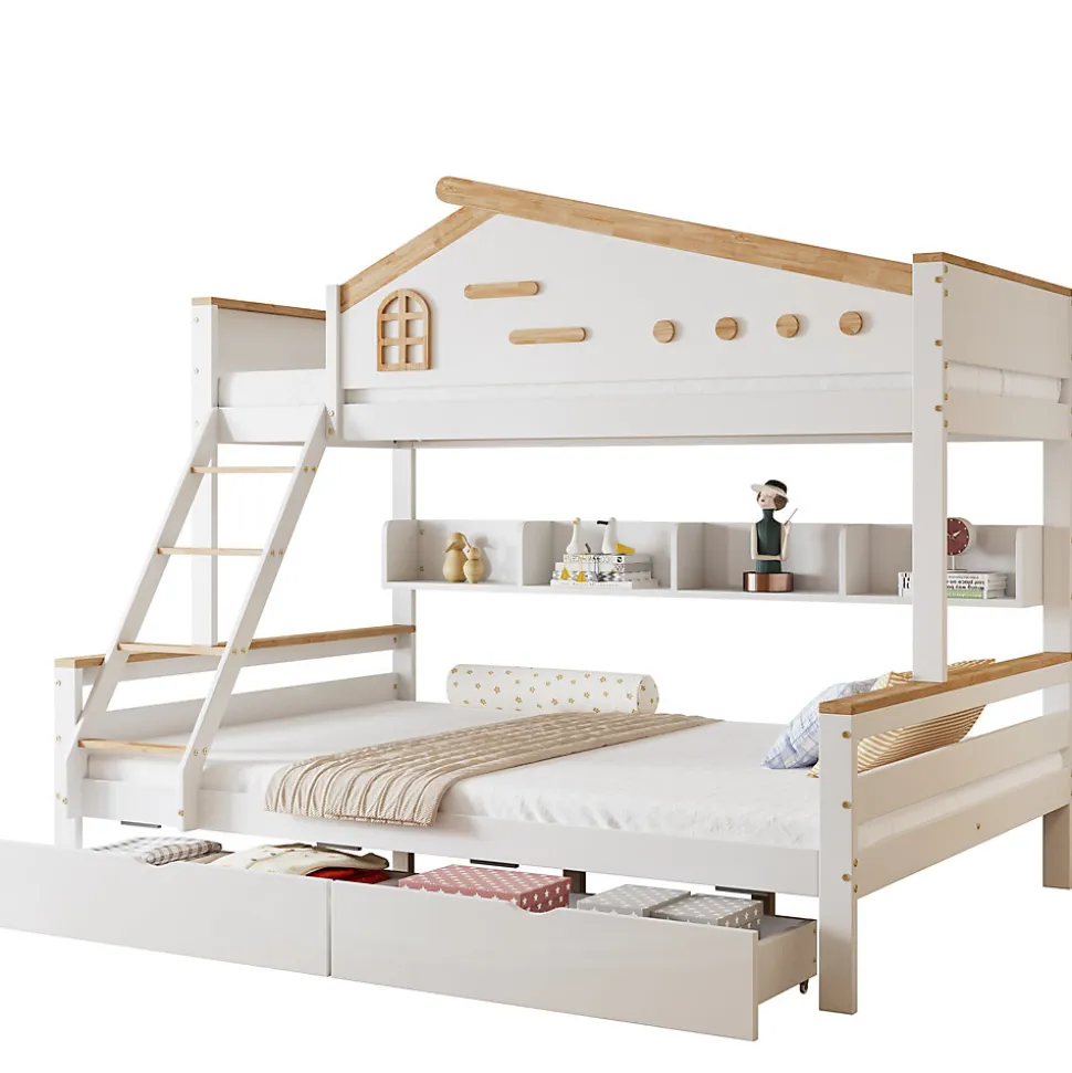 Lit superposé 90x200 et 140x200 cm enfant, 2 tiroirs, échelle et fenêtre, bois pin et MDF blanc et naturel sans matelas