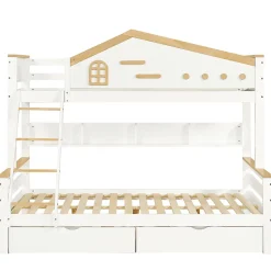 Lit superposé 90x200 et 140x200 cm en pin et MDF blanc avec barrières, 2 tiroirs, échelle 4 marches et étagères ouvertes