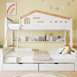 Lit superposé 90x200 et 140x200 cm en pin et MDF blanc avec barrières, 2 tiroirs, échelle 4 marches et étagères ouvertes