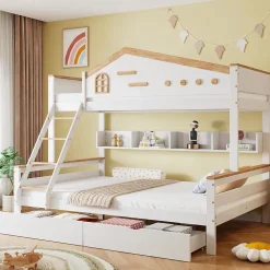 Lit superposé 90x200 et 140x200 cm en pin et MDF blanc avec barrières, 2 tiroirs, échelle 4 marches et étagères ouvertes