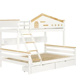 Lit superposé 90x200 et 140x200 cm en pin et MDF blanc avec barrières, 2 tiroirs, échelle 4 marches et étagères ouvertes