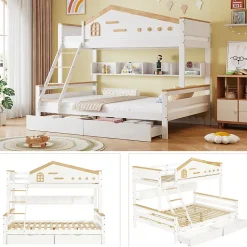 Lit superposé 90x200 et 140x200 cm en pin et MDF blanc avec barrières, 2 tiroirs, échelle 4 marches et étagères ouvertes