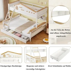 Lit superposé 90x200 et 140x200 cm en pin et MDF blanc avec barrières, 2 tiroirs, échelle 4 marches et étagères ouvertes