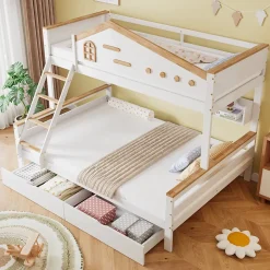 Lit superposé 90x200 et 140x200 cm en pin et MDF blanc avec barrières, 2 tiroirs, échelle 4 marches et étagères ouvertes