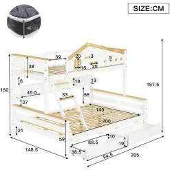 Lit superposé 90x200 et 140x200 cm en pin et MDF blanc avec barrières, 2 tiroirs, échelle 4 marches et étagères ouvertes