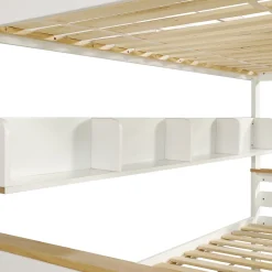 Lit superposé 90x200 et 140x200 cm en pin et MDF blanc avec barrières, 2 tiroirs, échelle 4 marches et étagères ouvertes