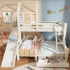 Lit superposé 90x200 et 140x200cm, lit mezzanine pour enfant avec tiroir, toboggan et échelle, design cabane