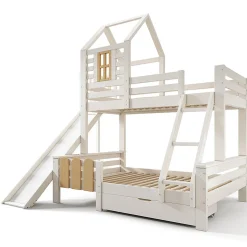 Lit superposé 90x200 et 140x200cm, lit mezzanine pour enfant avec tiroir, toboggan et échelle, design cabane