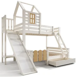 Lit superposé 90x200 et 140x200cm, lit mezzanine pour enfant avec tiroir, toboggan et échelle, design cabane