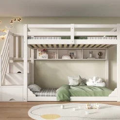 Lit superposé 90x200cm avec escalier de rangement et étagères - 2 tiroirs - Bois massif+panneaux de particules - Blanc